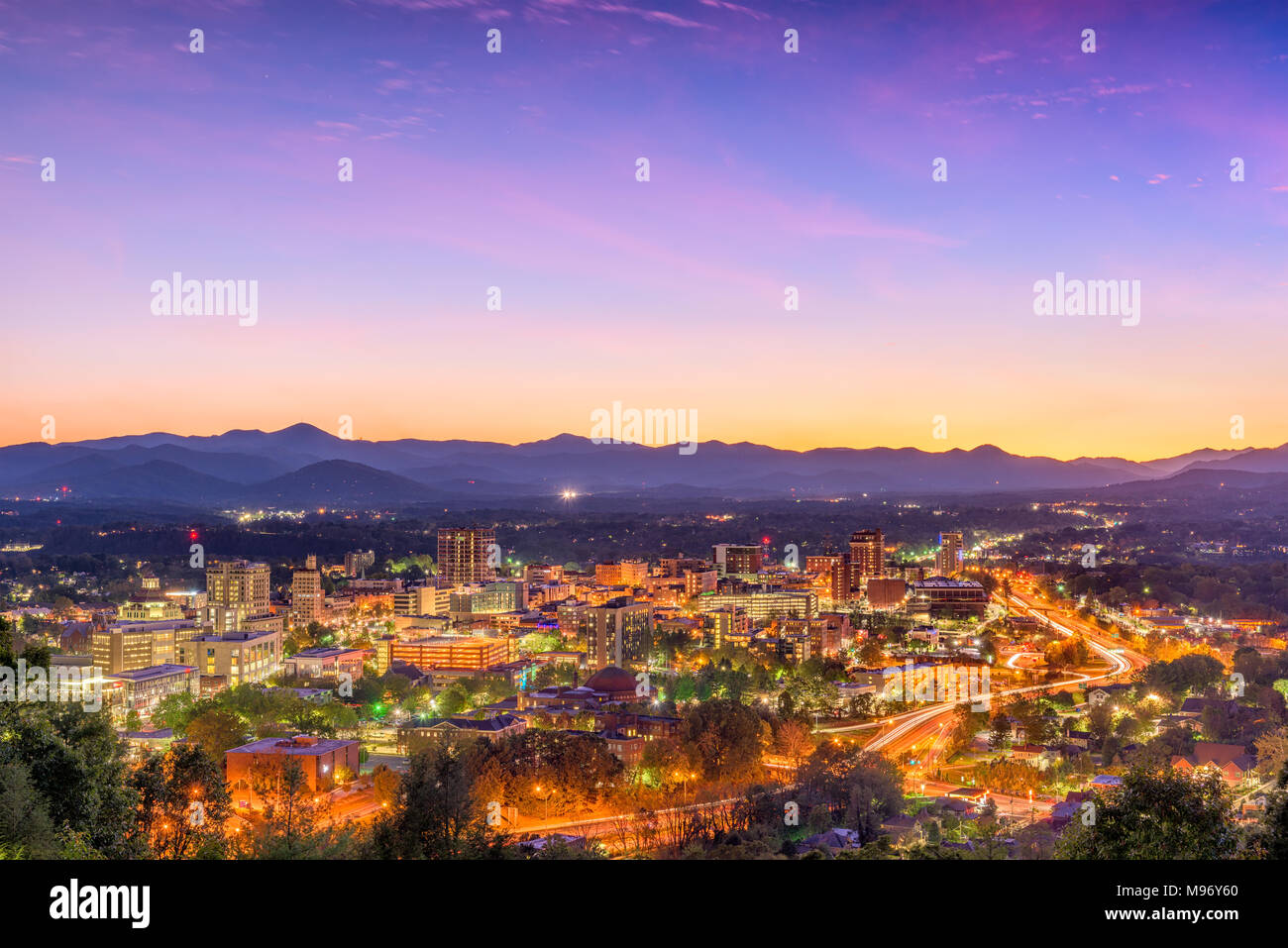 Asheville, North Carolina, USA skyline over downtown with the Blue Ridge Mountains. Stock Photo