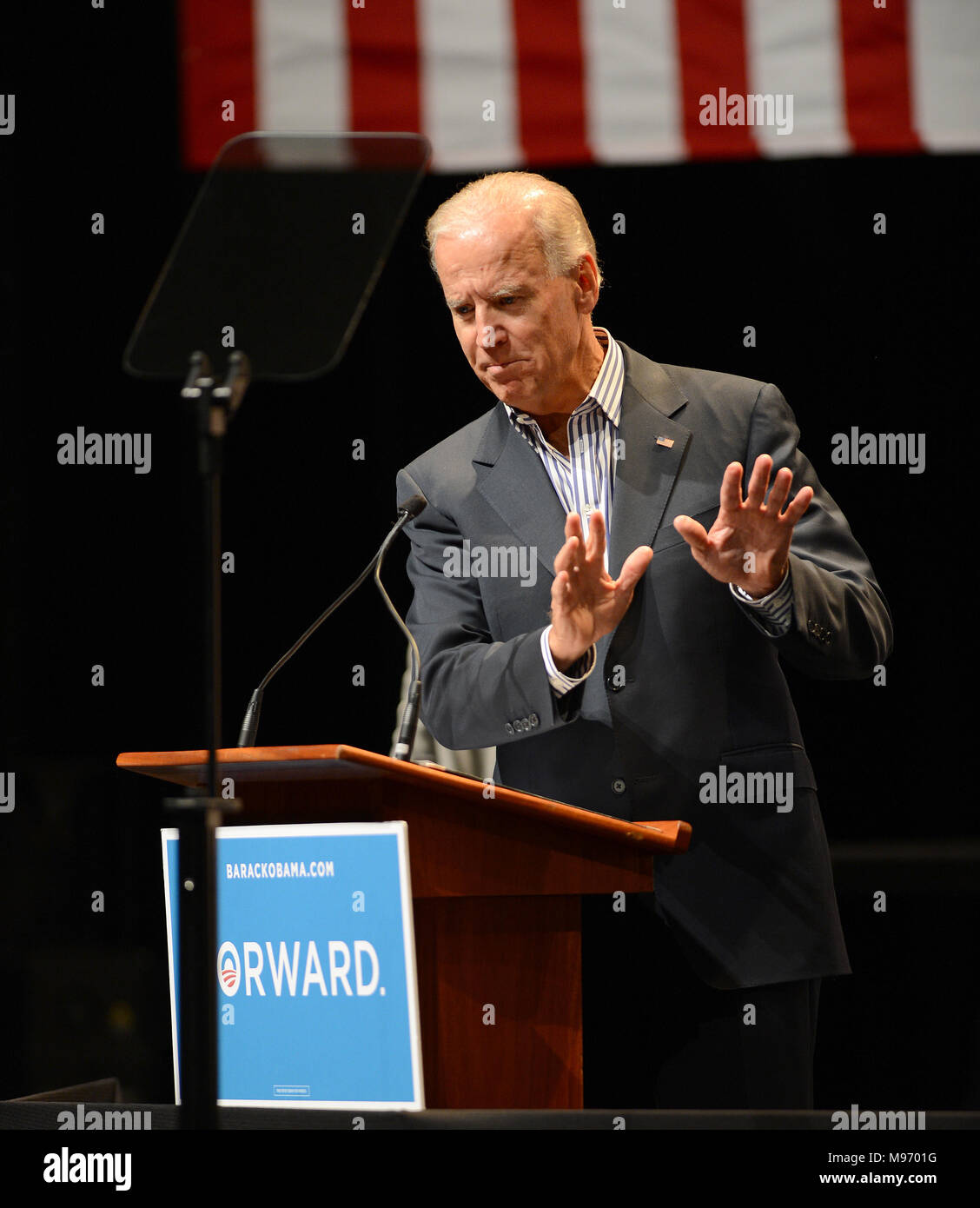 TAMARAC, FL - SEPTEMBER 28: U.S. Vice President Joe Biden speaks during a campaign event at Kings Point.  Biden continues to campaign across the country before the general election.  On September 28, 2012 in Tamarac, Florida.   People:  Joe Biden Stock Photo