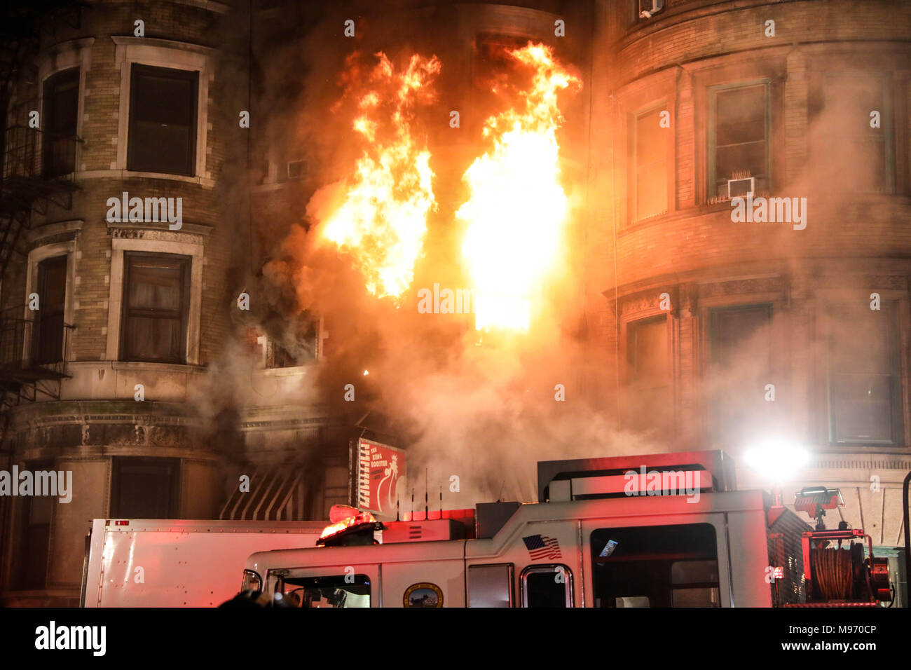 New York, New York, USA. 23nd Mar, 2018. A fire struck the basement of a building where it was a movie set from Motherless Brooklyn's film director Edward Norton at 401 St. Nicholas Avenue in Hamilton Heights on Manhattan Island in New York City early in the morning of this Friday, 23. No information of injuries. Credit: William Volcov/ZUMA Wire/Alamy Live News Stock Photo