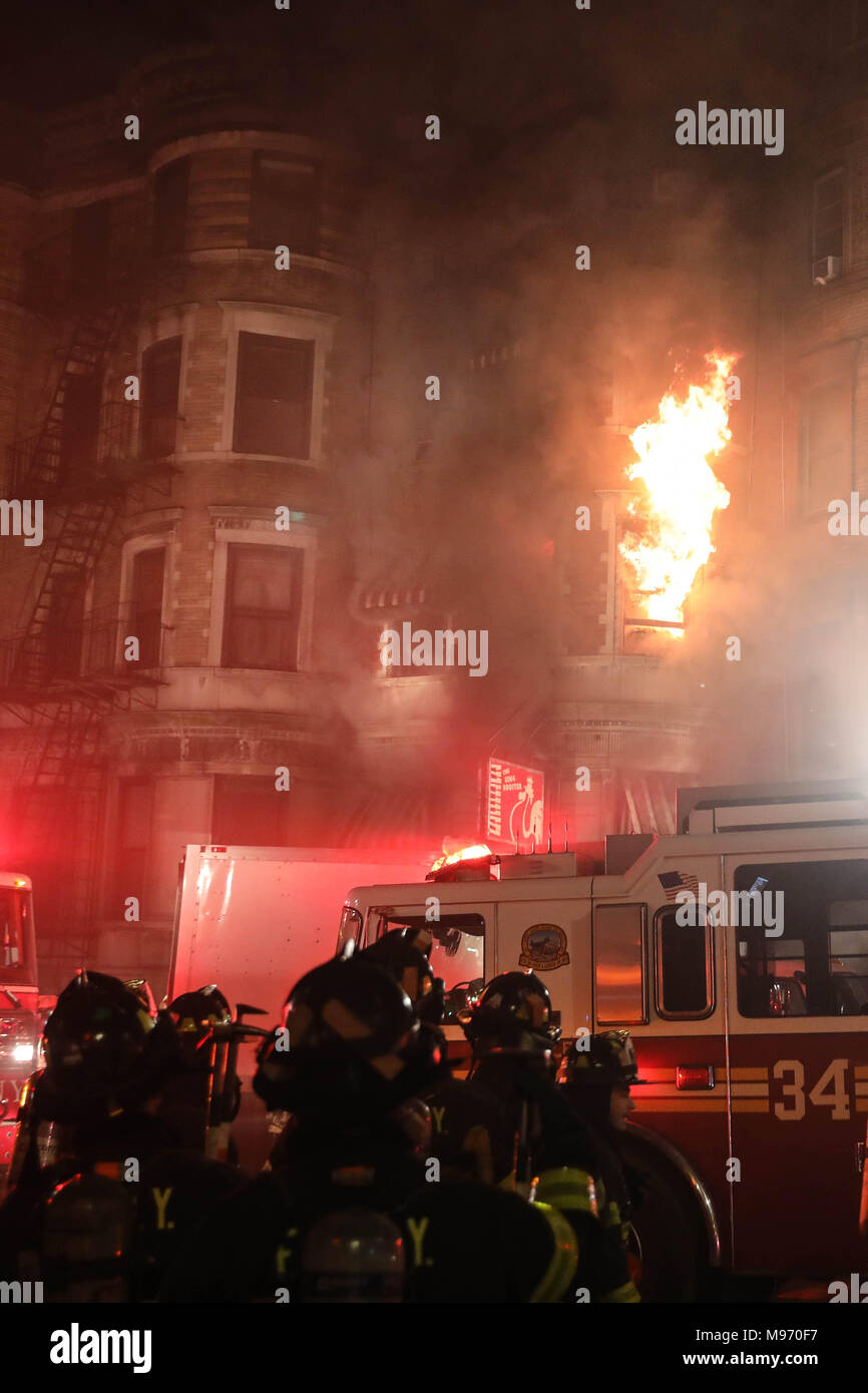 New York, New York, USA. 23nd Mar, 2018. A fire struck the basement of a building where it was a movie set from Motherless Brooklyn's film director Edward Norton at 401 St. Nicholas Avenue in Hamilton Heights on Manhattan Island in New York City early in the morning of this Friday, 23. No information of injuries. Credit: William Volcov/ZUMA Wire/Alamy Live News Stock Photo