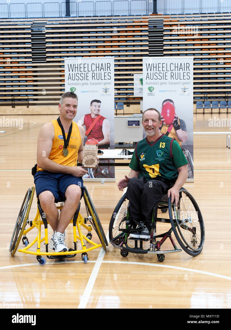 Melbourne, Australia. 23 rd March 2018. 2018 Wheelchair Aussie Rules National Championship. Presentation Most Valuable Player - Matt Gregory SA. Credit Bill Forrester/Alamy Live News Stock Photo