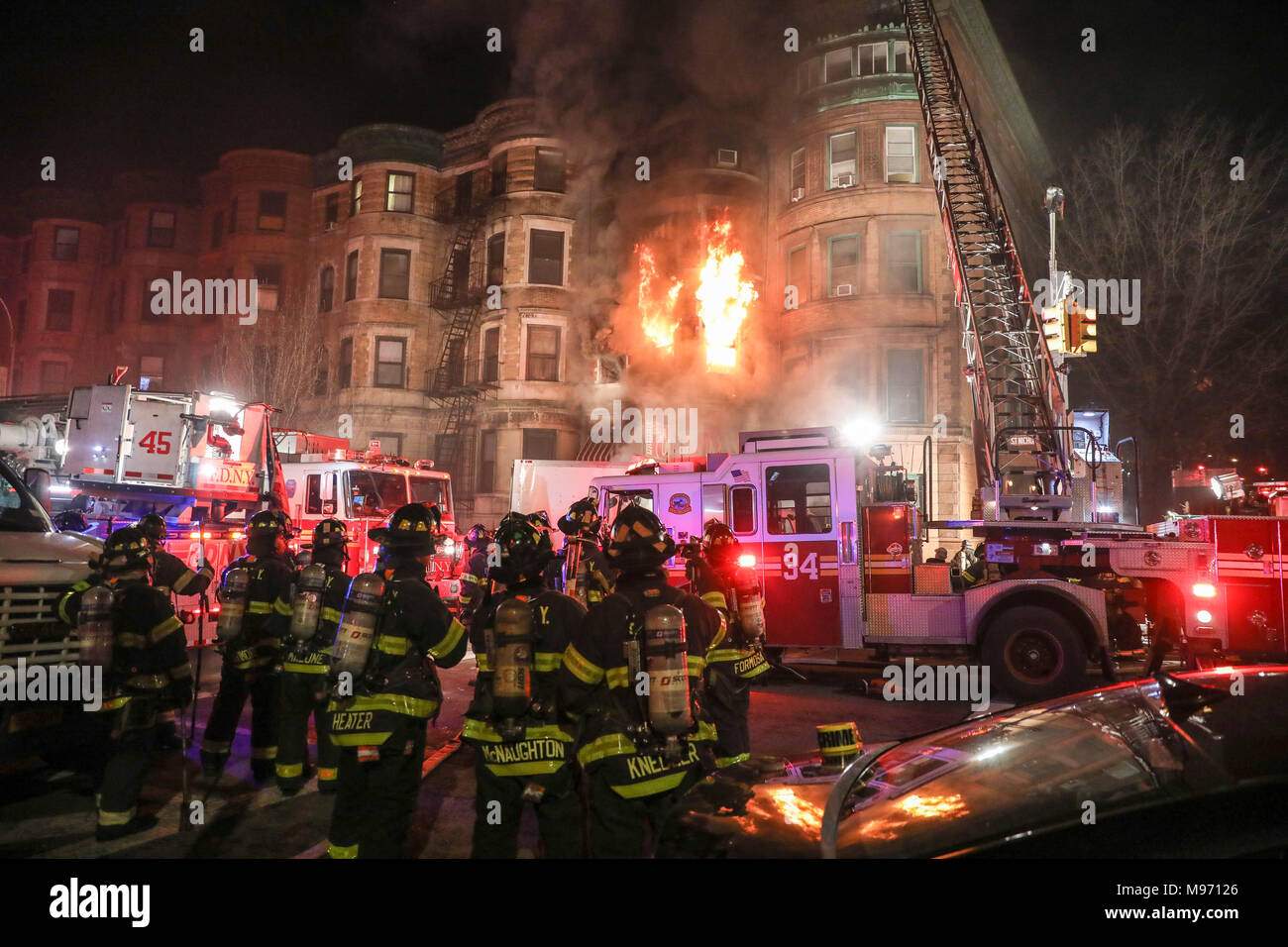New York, New York, USA. 23nd Mar, 2018. A fire struck the basement of a building where it was a movie set from 'Motherless Brooklyn' film at 401 St. Nicholas Avenue in Hamilton Heights on Manhattan Island in New York City early in the morning of Friday. Credit: William Volcov/ZUMA Wire/Alamy Live News Stock Photo