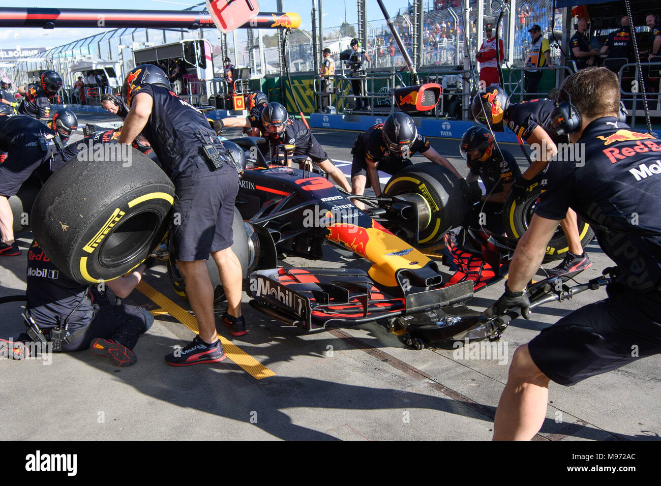 Albert Park, Melbourne, Australia. 23rd Mar, 2018. Daniel Ricciardo (AUS) #3 from the Aston Martin Red Bull Racing team practises a pit stop during practice session two at the 2018 Australian Formula One Grand Prix at Albert Park, Melbourne, Australia. Sydney Low/Cal Sport Media/Alamy Live News Stock Photo