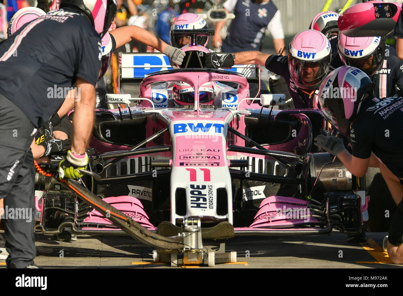 Albert Park, Melbourne, Australia. 23rd Mar, 2018. Sergio Perez (MEX) #11 from the Sahara Force India F1 team practising a pit stop during practice session two at the 2018 Australian Formula One Grand Prix at Albert Park, Melbourne, Australia. Sydney Low/Cal Sport Media/Alamy Live News Stock Photo