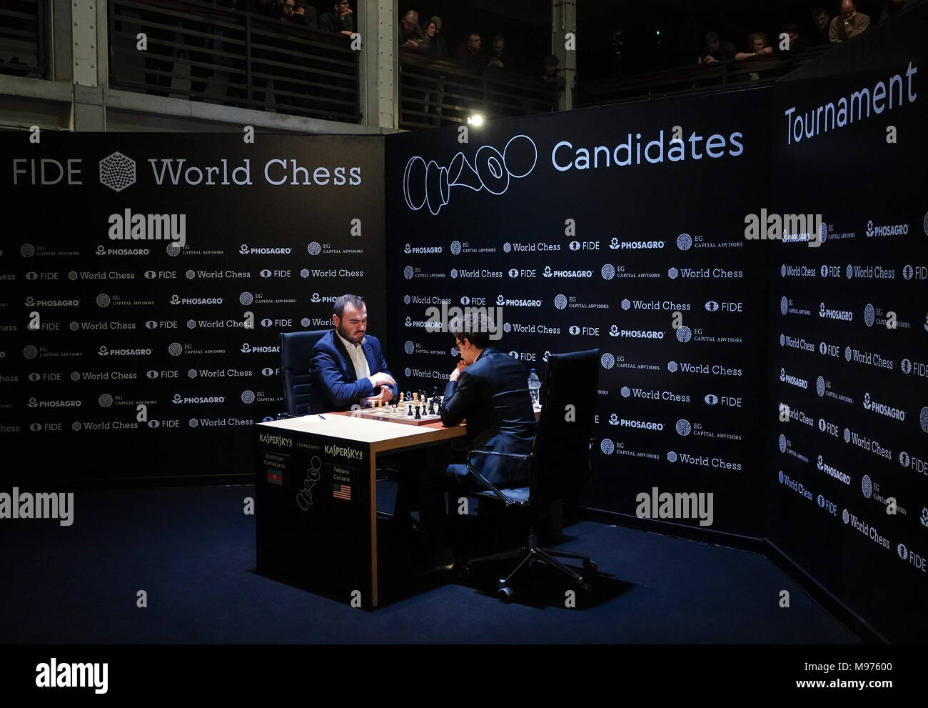 22 March 2018, Germany, Berlin: Italian-American chess champion Fabiano  Caruana competes against Shakhriyar Mamedyarov (not shown), a chess  champion from Azerbaijan, at this year's FIDE World Chess Candidates  Tournament at the Kuehlhaus