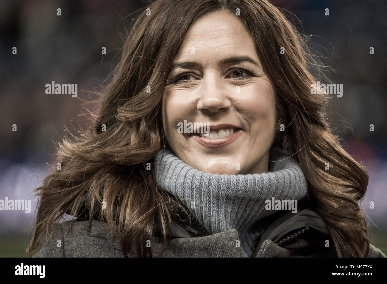 Brøndby, Denmark. 22nd Mar, 2018. Mary, Crown Princess of Denmark, seen at Brøndby Stadion before the football friendly between Denmark and Panama. The Mary Foundation has been awarded the UEFA Foundation for Children Donation. (Photo credit: Gonzales Photo - Kim M. Leland). Credit: Gonzales Photo/Alamy Live News Stock Photo