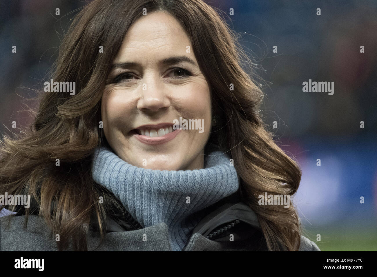 Brøndby, Denmark. 22nd Mar, 2018. Mary, Crown Princess of Denmark, seen at Brøndby Stadion before the football friendly between Denmark and Panama. The Mary Foundation has been awarded the UEFA Foundation for Children Donation. (Photo credit: Gonzales Photo - Kim M. Leland). Credit: Gonzales Photo/Alamy Live News Stock Photo
