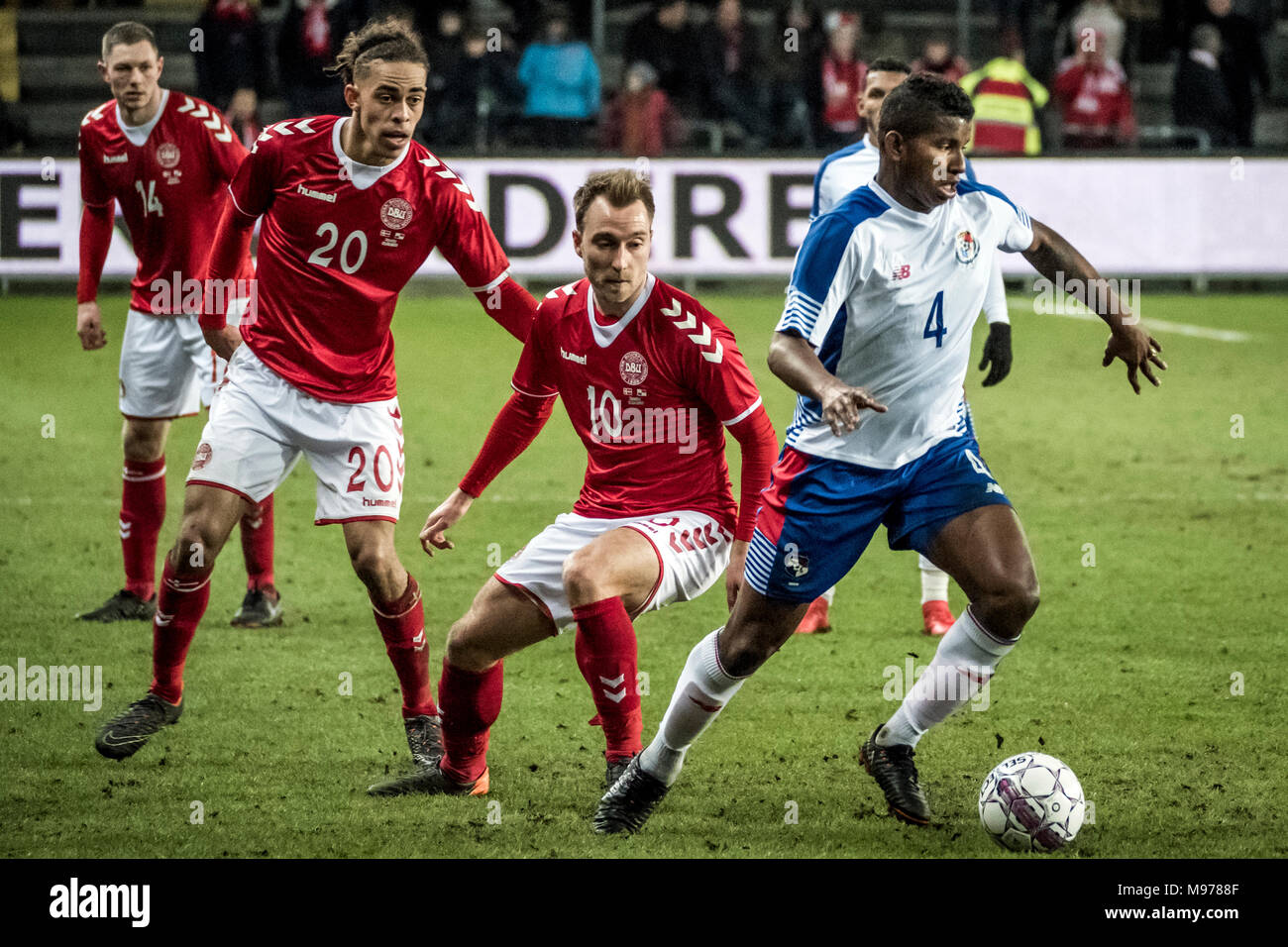Denmark, Brøndby - March 22, 2018. Yussuf Poulsen (20) and Christian Eriksen (10) of Denmark seen with Fidel Escobar (4) of Panama during the football friendly between Denmark and Panama at Brøndby Stadion. (Photo credit: Gonzales Photo - Kim M. Leland). Credit: Gonzales Photo/Alamy Live News Stock Photo