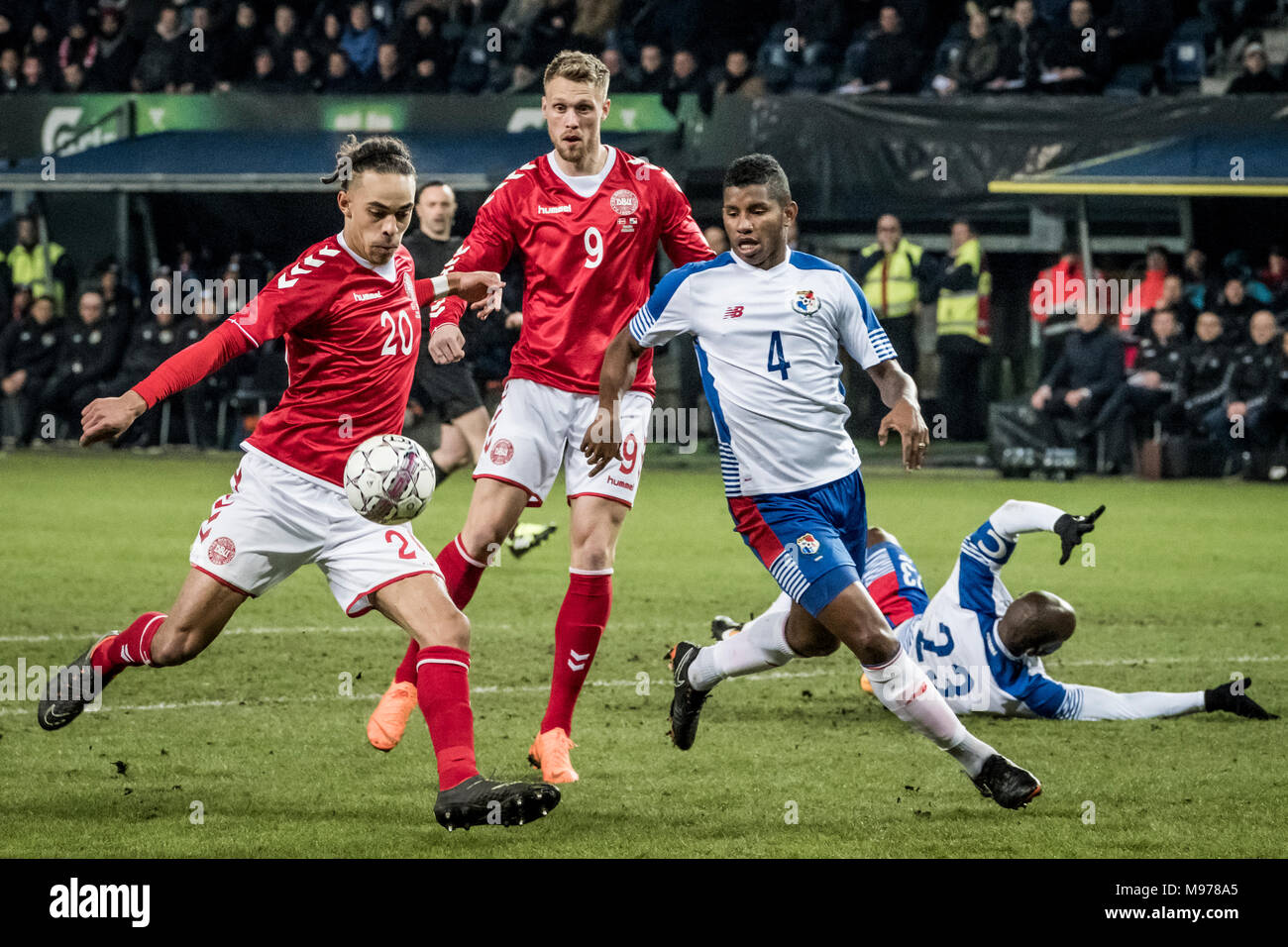 Denmark, Brøndby - March 22, 2018. Yussuf Poulsen (20) of Denmark and Fidel Escobar (4) of Panama seen during the football friendly between Denmark and Panama at Brøndby Stadion. (Photo credit: Gonzales Photo - Kim M. Leland). Credit: Gonzales Photo/Alamy Live News Stock Photo