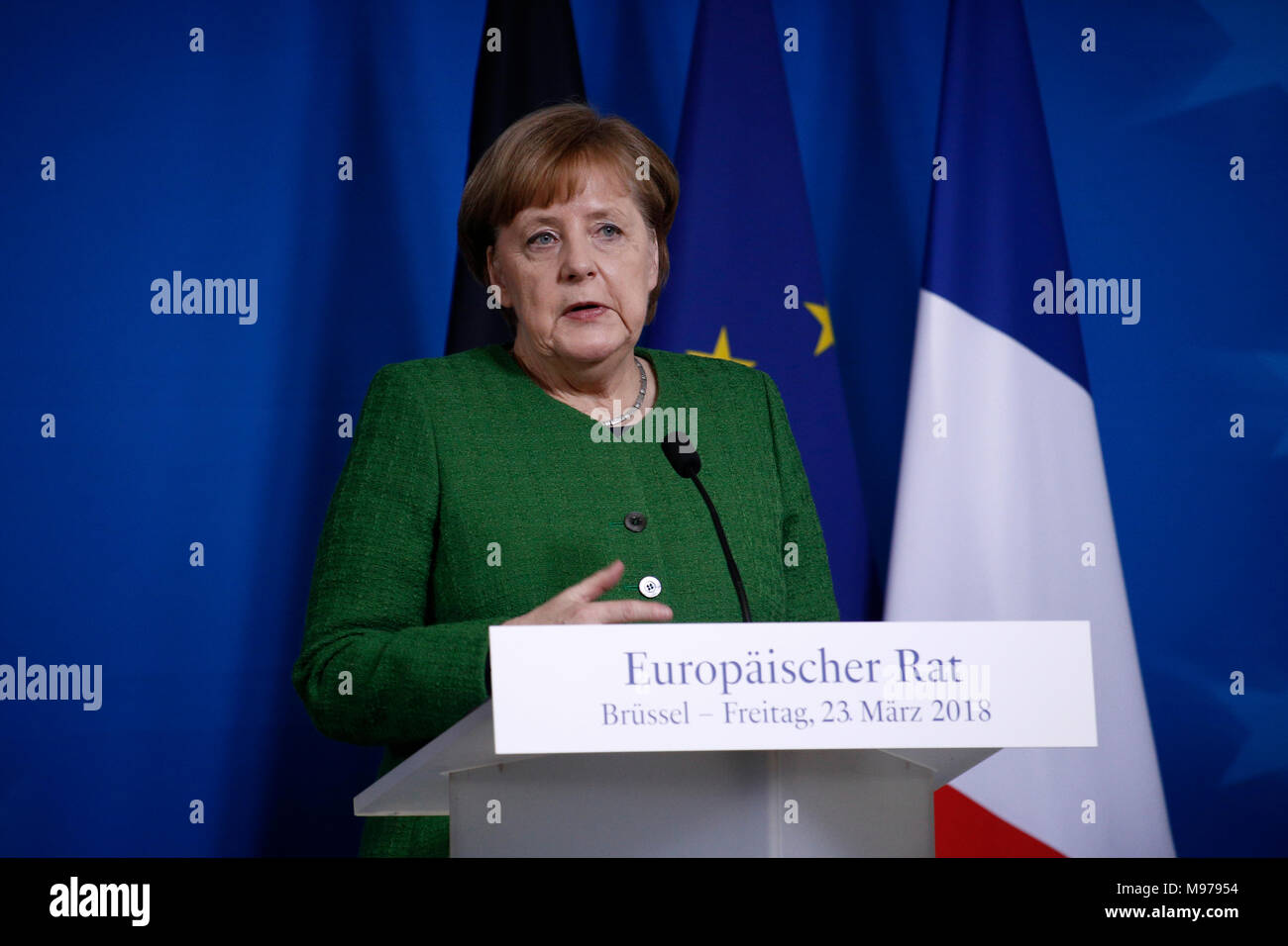 Brussels, Belgium. 23rd March 2018. Germany's Chancellor Angela Merkel and French president Emmanuel Macron gives a press conference with on the second day of a summit of European Union (EU) leaders. Alexandros Michailidis/Alamy Live News Stock Photo
