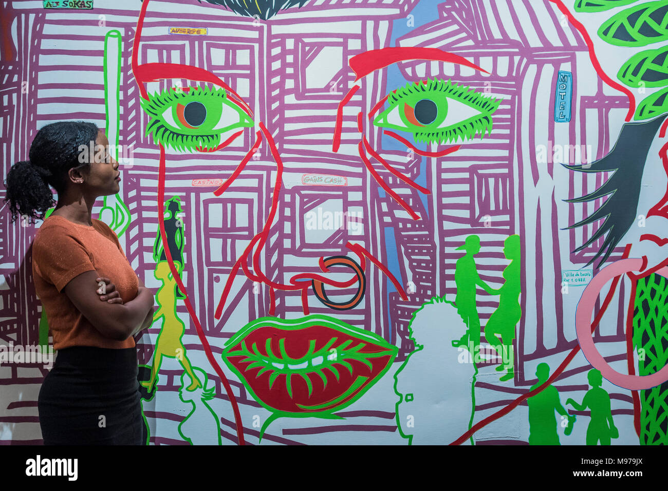 London, UK. 23rd Mar, 2018. BORIS NZEBO, DOUALA TONIGHT, £6,000 — 9,000 - The preview of the Modern and Contemporary African Art sale. It is the newest specialist department at Sotheby’s New Bond Street, London. Credit: Guy Bell/Alamy Live News Stock Photo