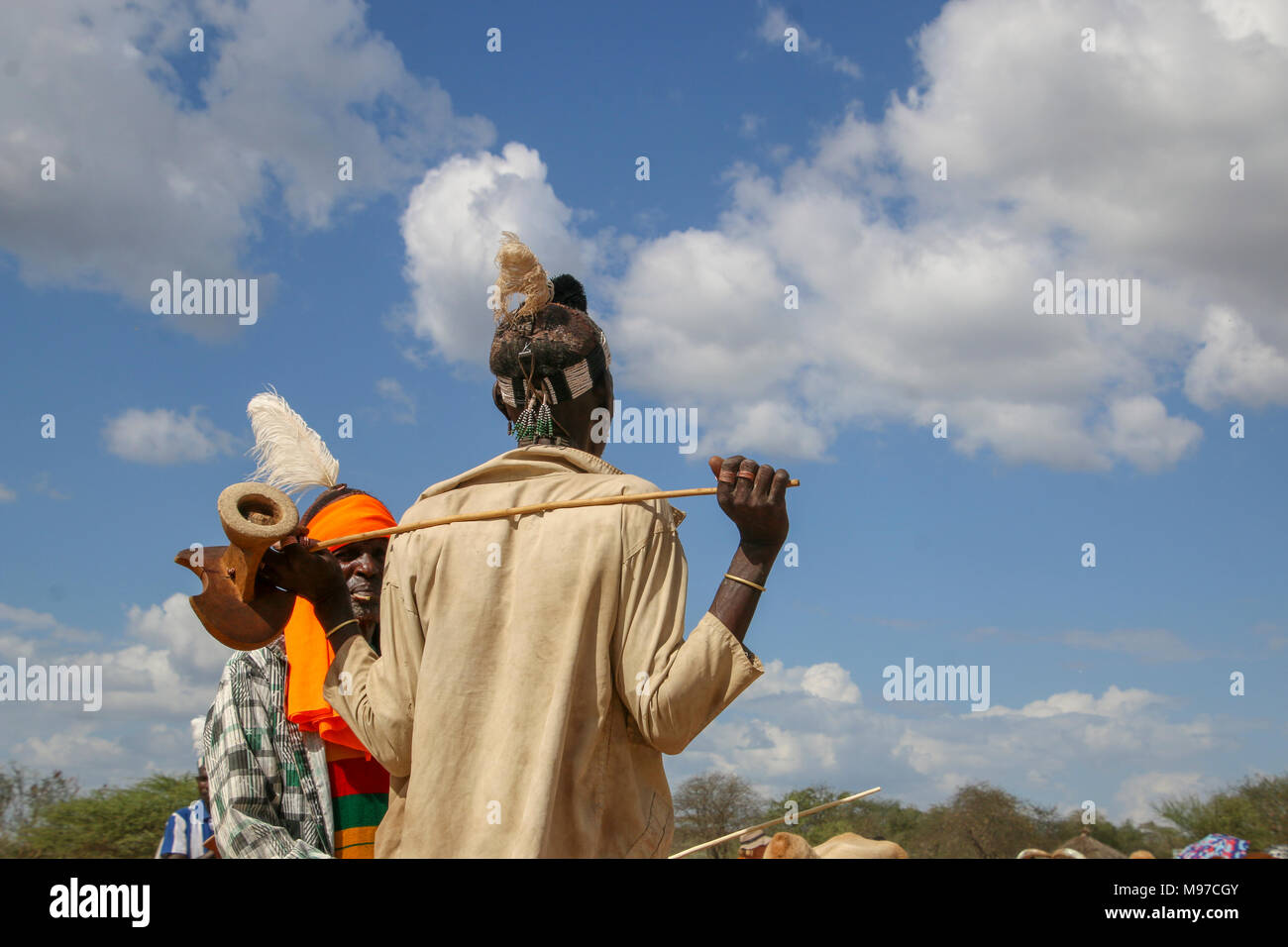Africa, Ethiopia, Omo River Valley Hamer Tribesman ready for the start of the Jumping of the Bulls ceremony Stock Photo