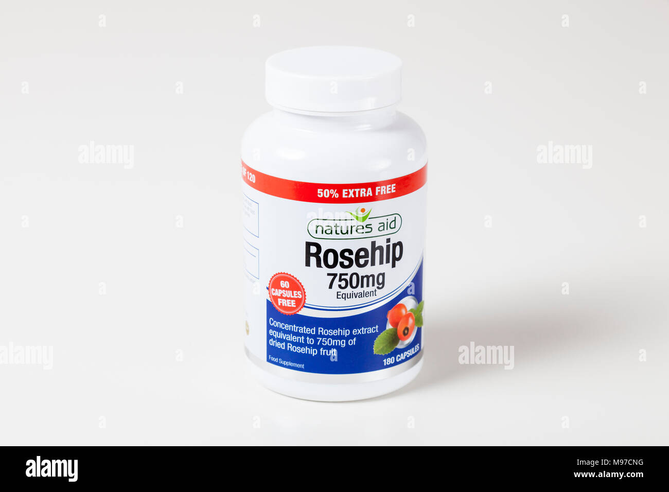 Food supplement. Bottle of Nature's Aid 750 mg Rosehip extract capsules Stock Photo