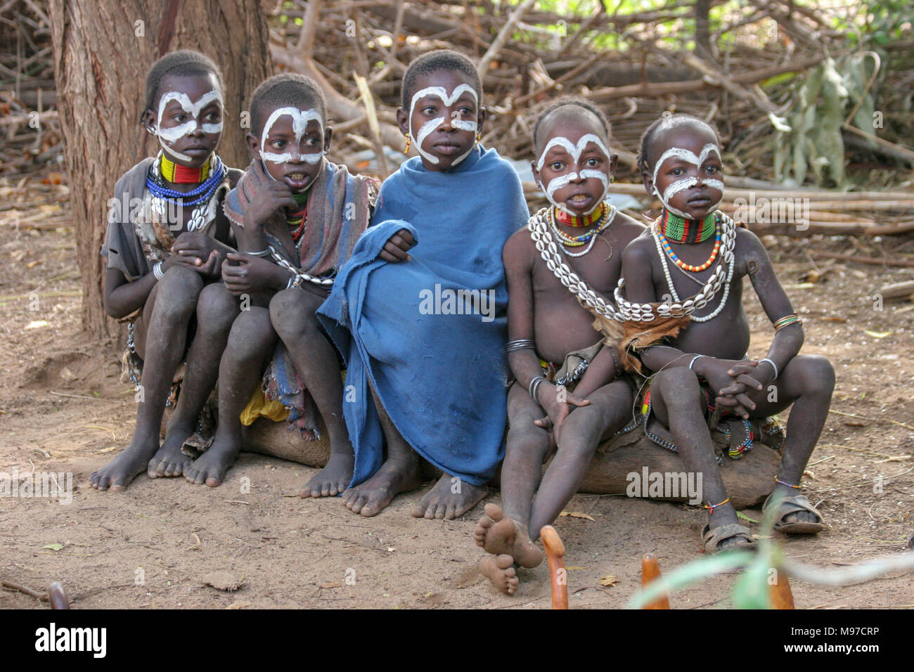 Young Mursi tribe Children. Debub Omo Zone, Ethiopia, close to the Sudanese border. Stock Photo