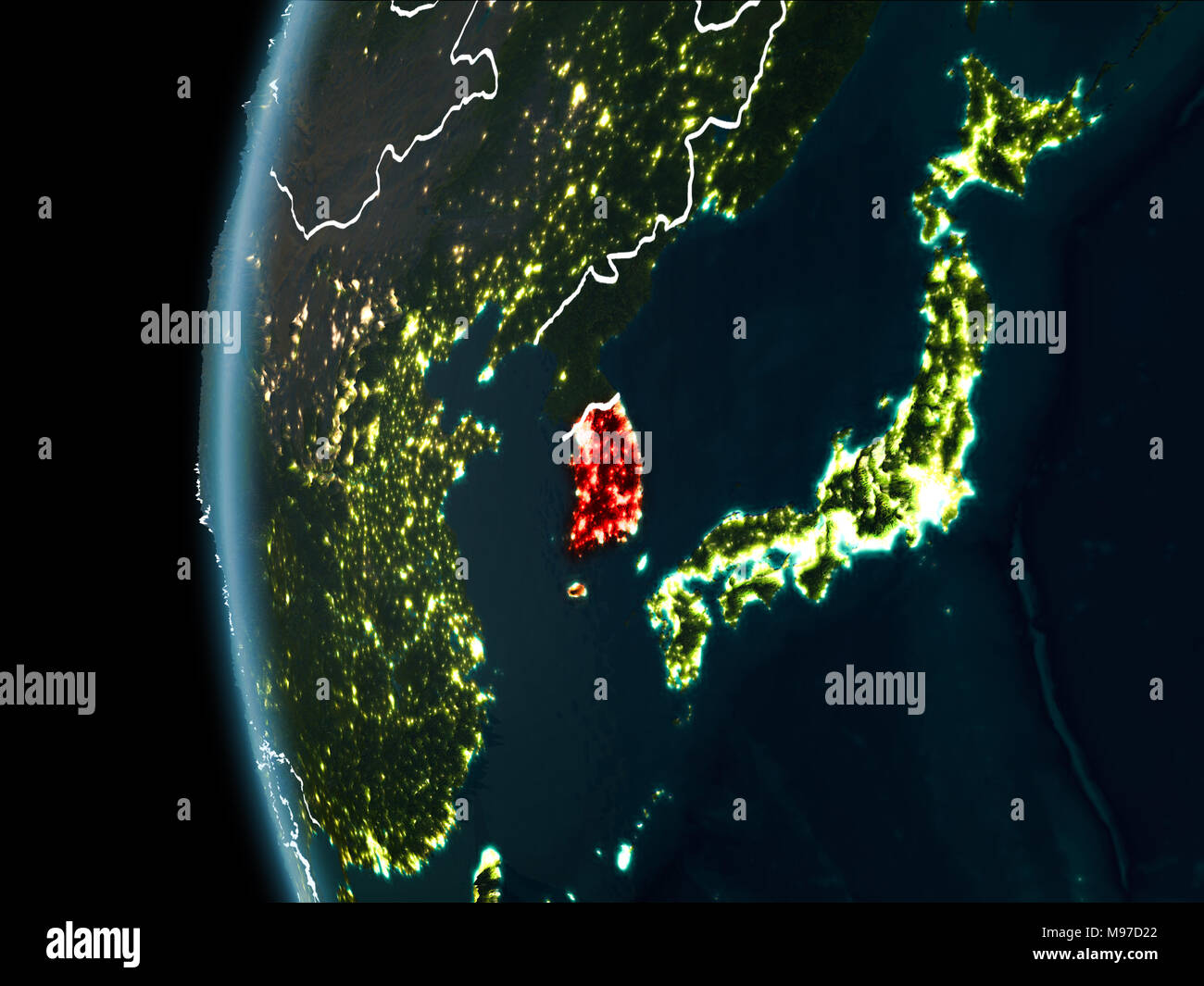 Orbit view of South Korea highlighted in red with visible borderlines ...