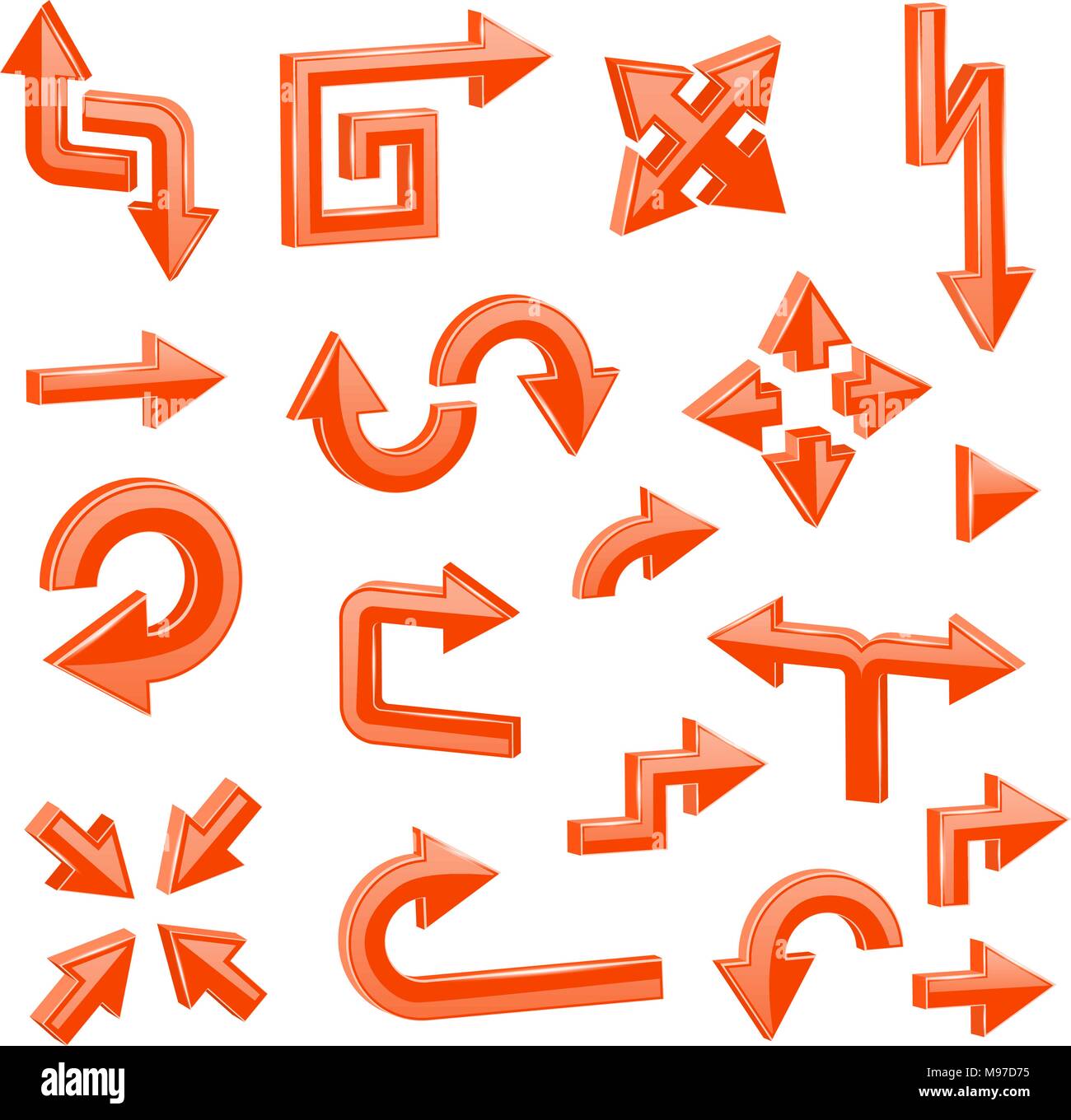 Orange 3d arrows. Set of different shiny web signs Stock Vector
