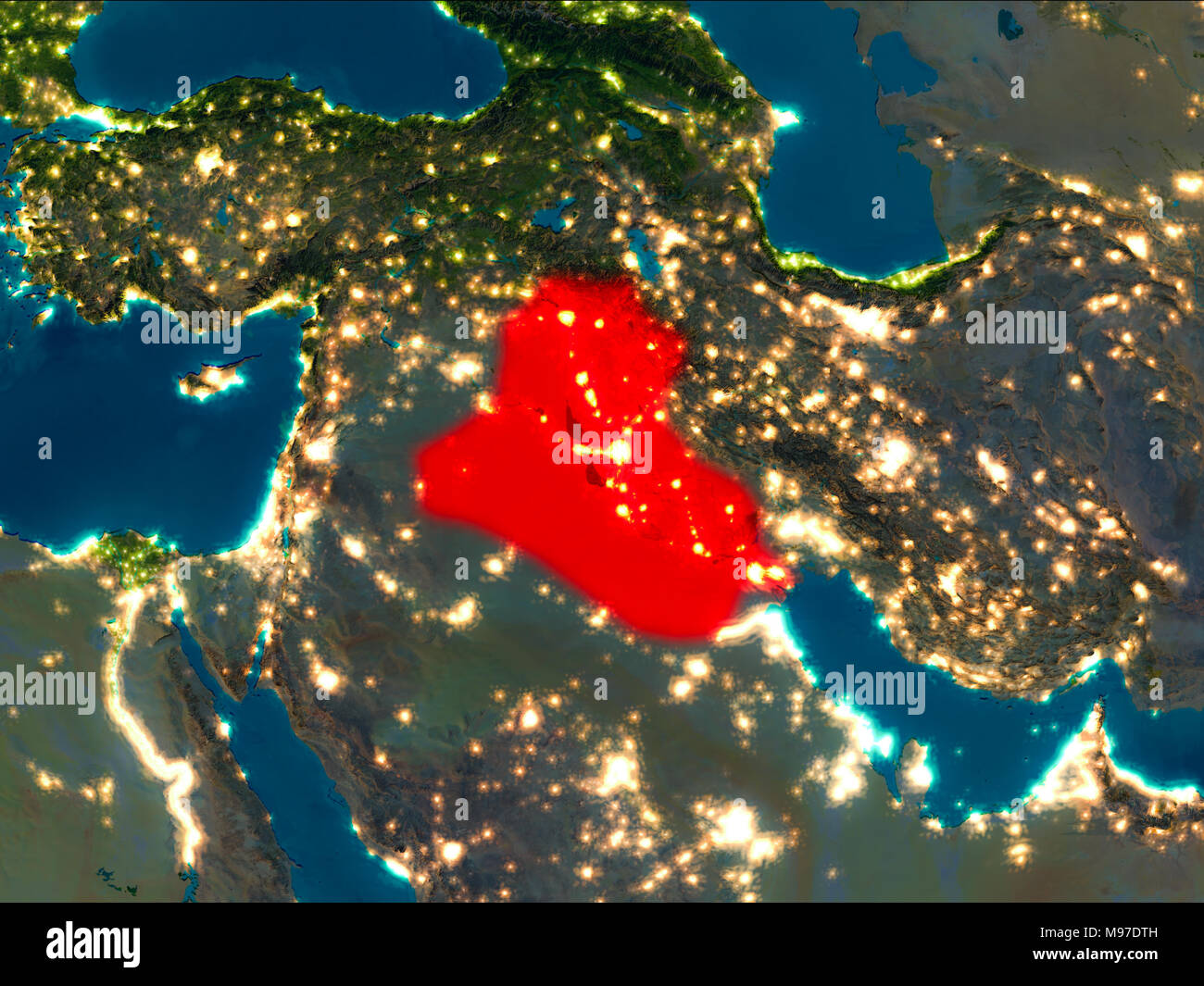 Satellite night view of Iraq highlighted in red on planet Earth. 3D illustration. Elements of this image furnished by NASA. Stock Photo