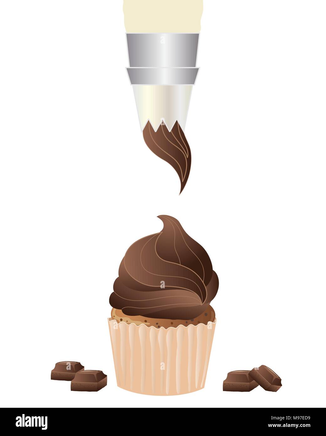an illustration of a piping bag frosting a chocolate cupcake isolated on a white background