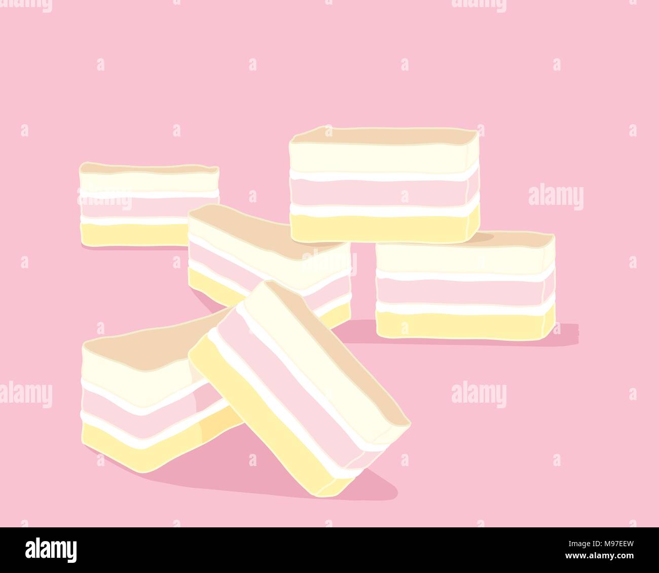 a vector illustration in eps format of slices of angel cake in pink yellow and white layers with butter cream on a pink background Stock Vector
