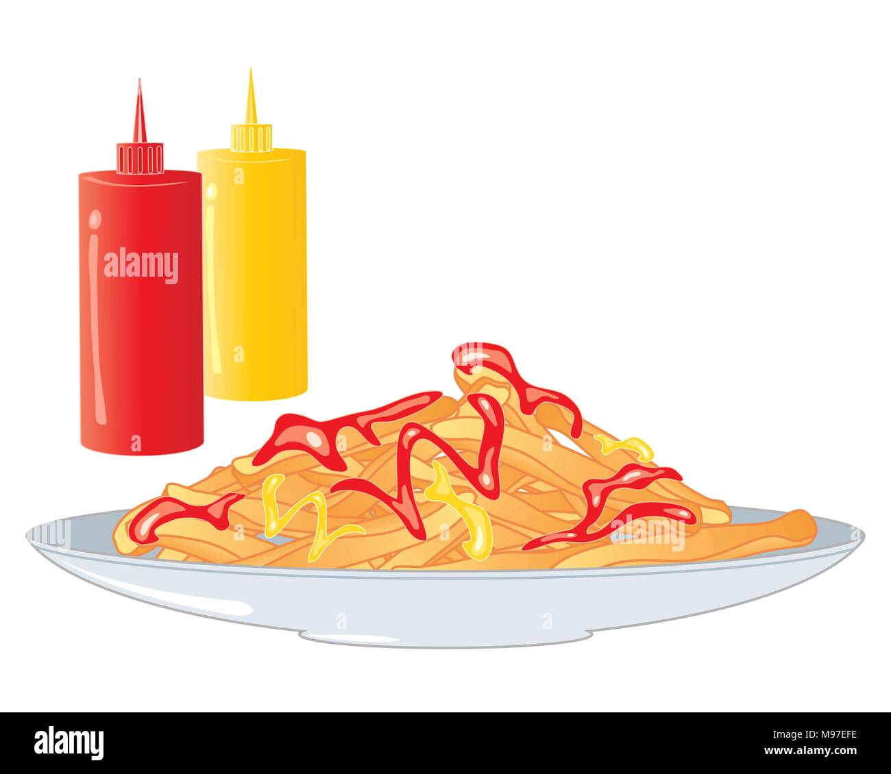 a vector illustration in eps 10 format of a plate of crispy golden chips with ketchup and mustard accompaniment on a gray plate with sauce bottles Stock Vector