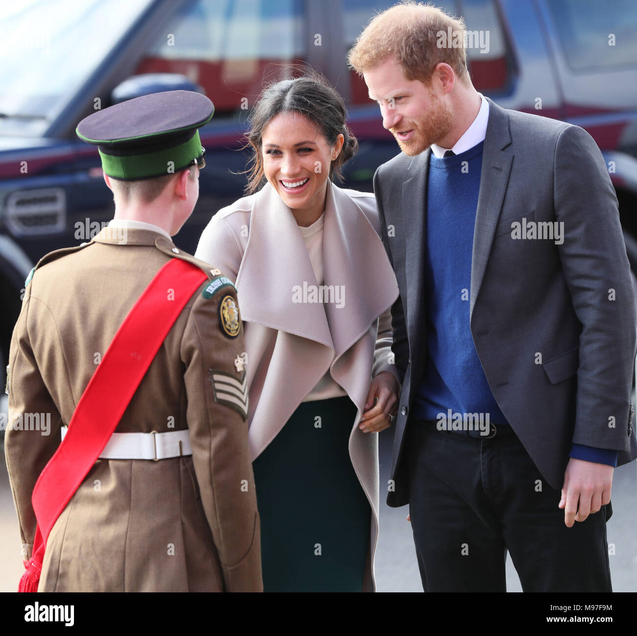 Prince Harry and Meghan Markle arrive for a visit to the Eikon Exhibition Centre in Lisburn where they attended an event to mark the second year of youth-led peace-building initiative Amazing the Space. Stock Photo