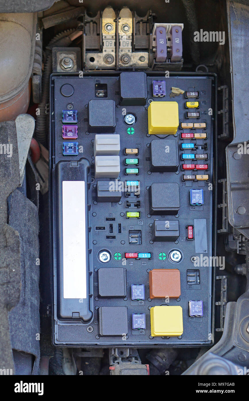 Car fuse box with relayes and fuses Stock Photo