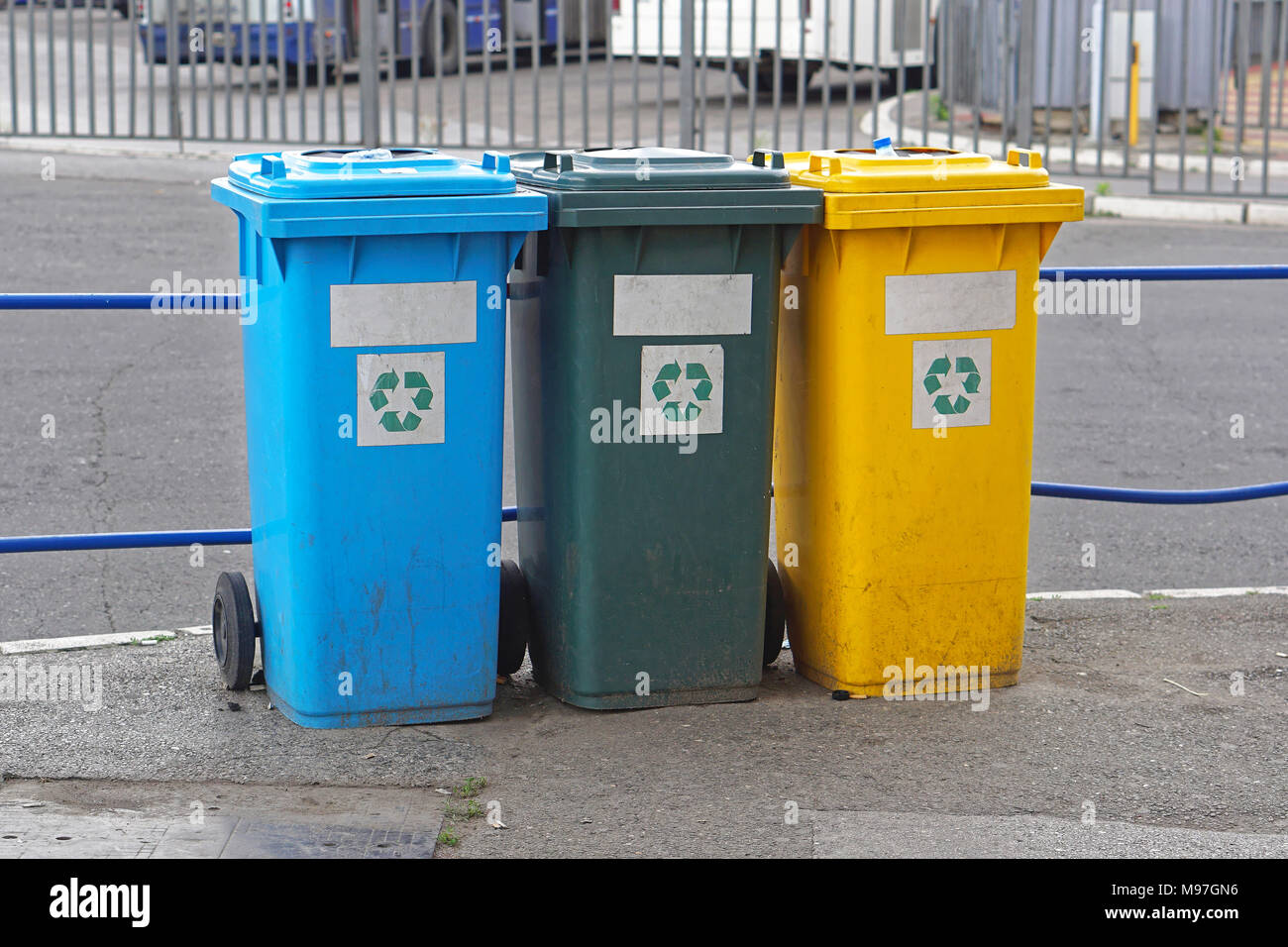 Three plastic recycling and sorting bins Stock Photo - Alamy