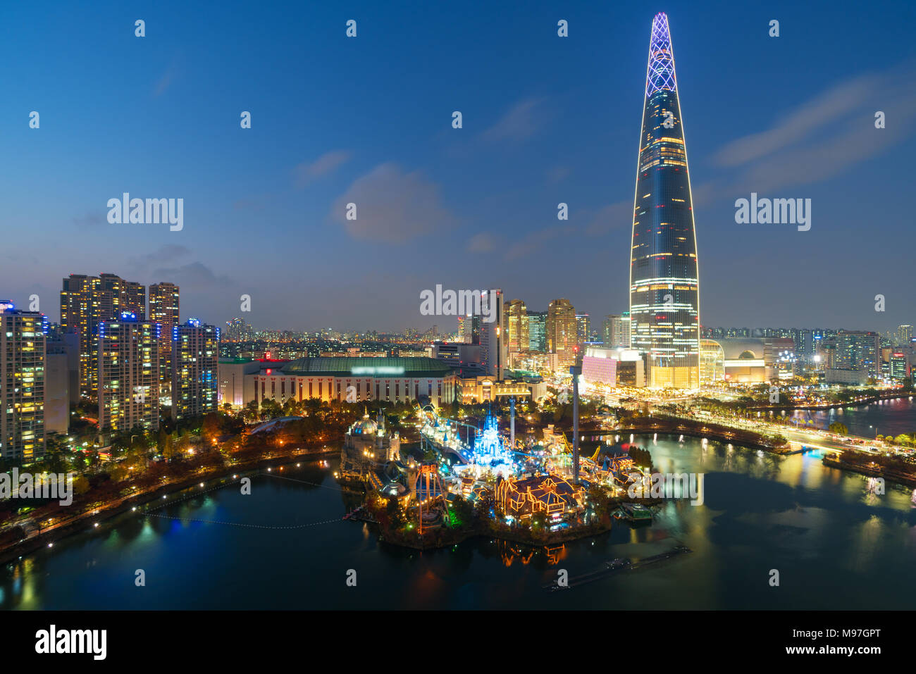 South Korea skyline of Seoul, The best view of South Korea with Lotte world mall at Jamsil in