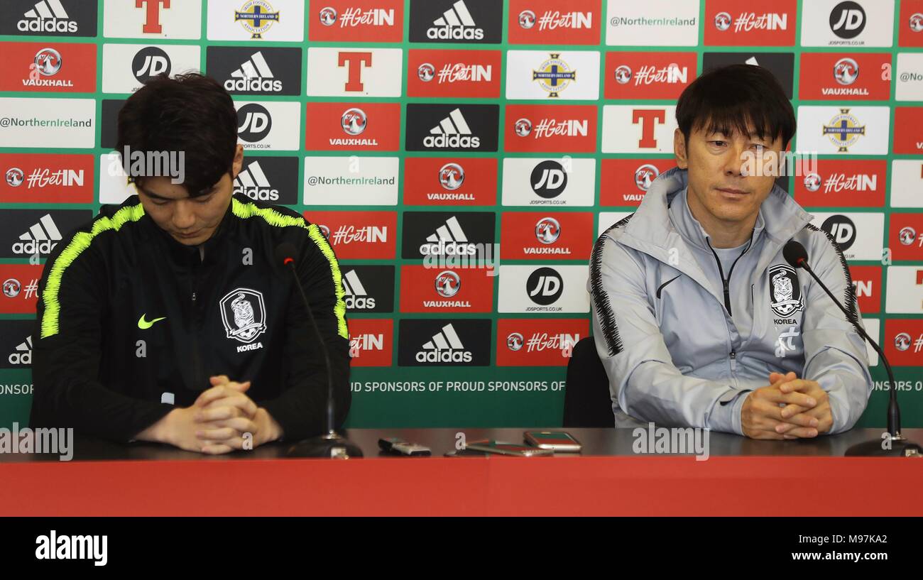 South Korea's Ki Sung-yueng and head coach Shin Tae-yong (right) during the press conference at Windsor Park, Belfast. Stock Photo