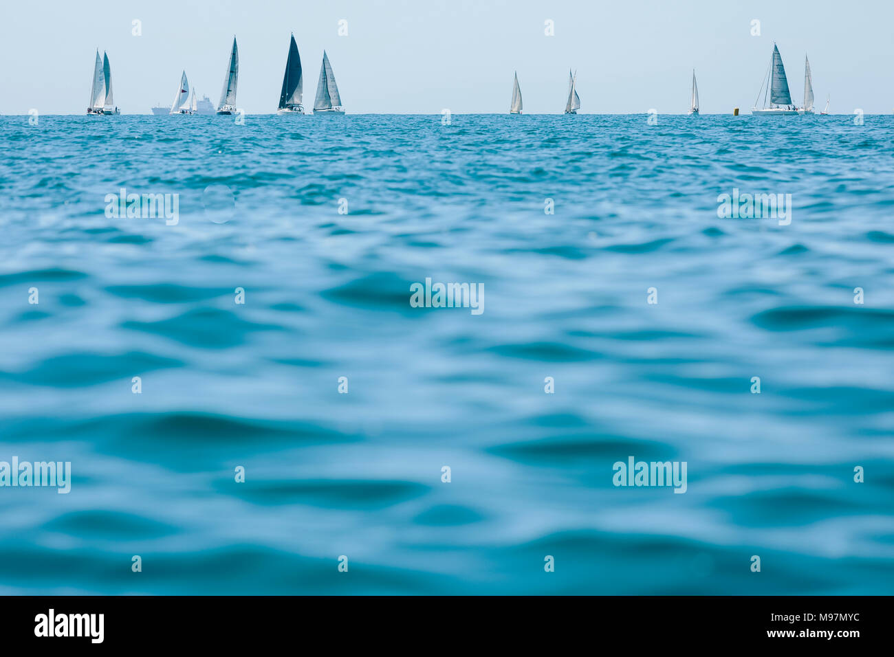 Regatta infront of the Barcelona coast, Catalonia, Spain Stock Photo