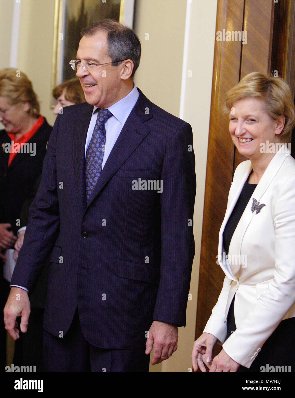 Warsaw, Masovia / Poland - 2006/10/05: Sergey Lavrov - Foreign Affairs Minister of Russian Federation with Anna Fotyga - Foreign Affairs Minister of P Stock Photo