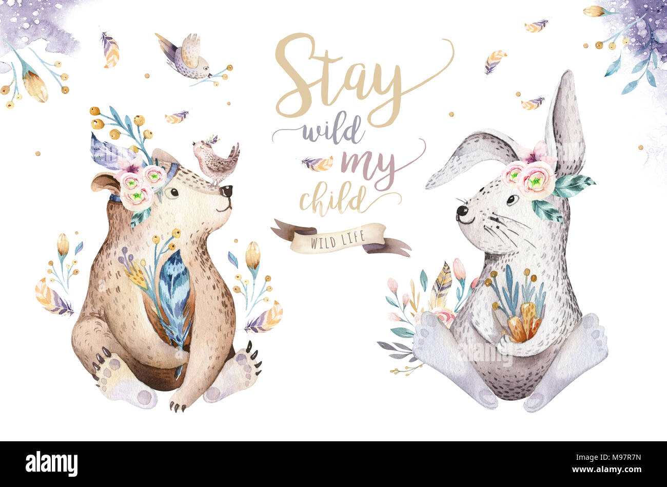 Cute watercolor bohemian baby cartoon rabbit and bear animals for ...
