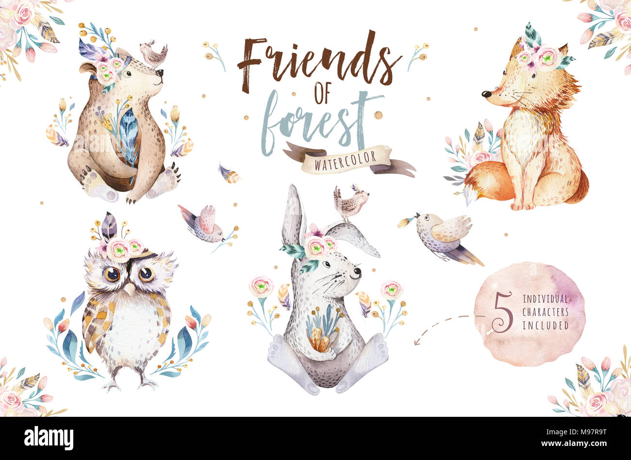 Cute watercolor bohemian baby cartoon rabbit and bear animals for ...