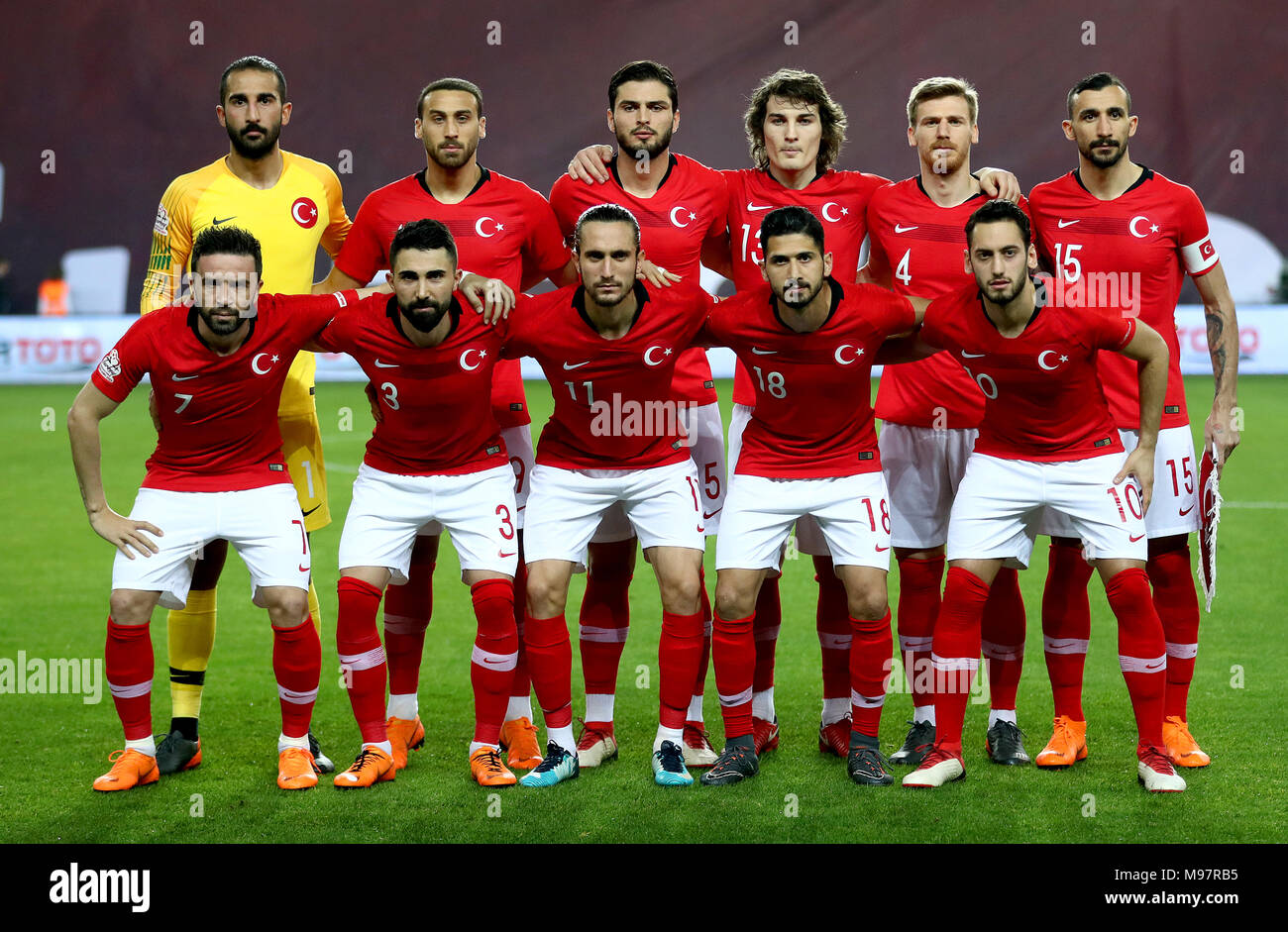 Turkey players pose for a photograph before kick-off in the international  friendly match at the Antalya Stadium. PRESS ASSOCIATION Photo. Picture  date: Friday March 23, 2018. See PA story SOCCER Turkey. Photo