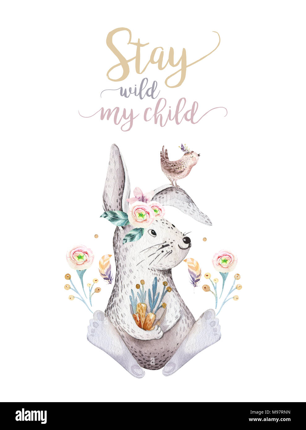 Cute bohemian baby cartoon rabbit animals for kindergarten, woodland ...
