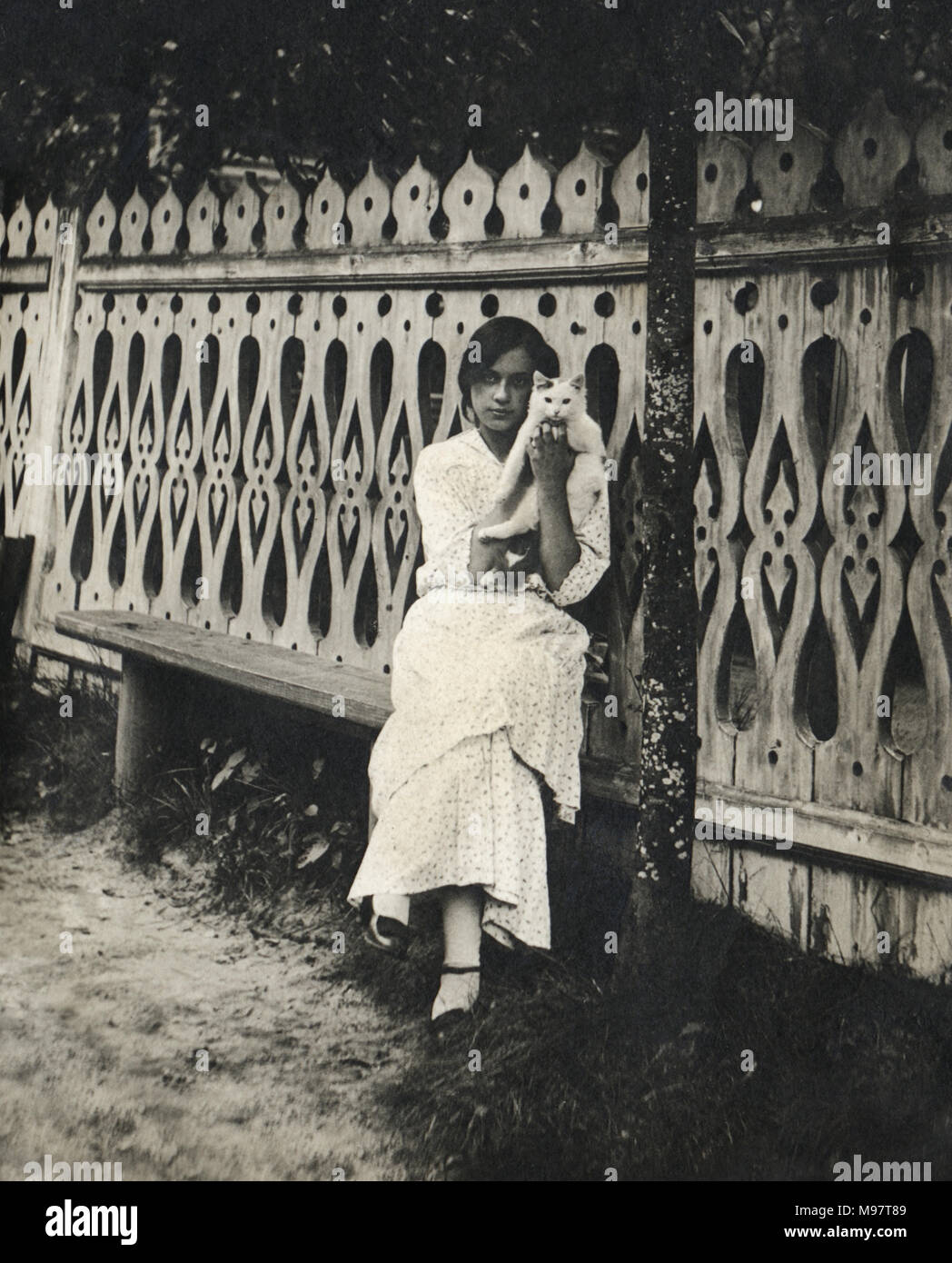 Vintage photograph of the young lady with a cat sitting on a bench near the wooden fence with a pretty pattern carved out, Russia, 1914 Stock Photo