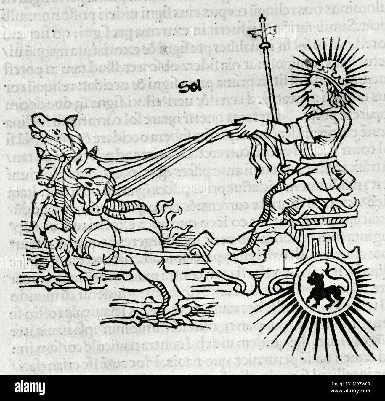 Helios. Personification of the Sun. Depicted as a young man riding a chariot pulled by four horses and with a crown of lightning. Engraving from Astronomicon, by the Latin author Gaius Julius Hyginus (64 BC-17 AD). Incunabula 283. Published in Venice, 1485. Stock Photo