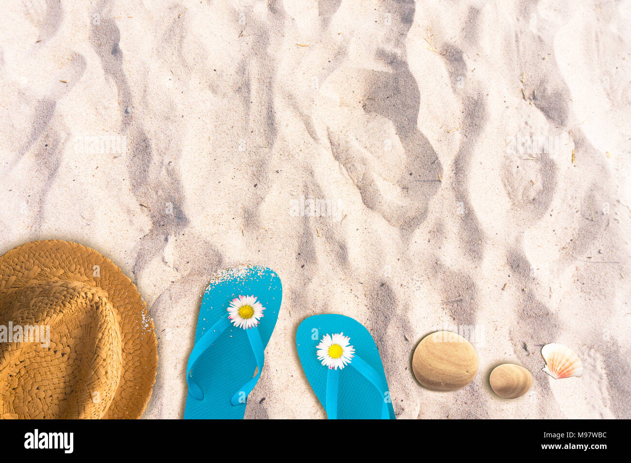 bathing objects on sand beach from above Stock Photo