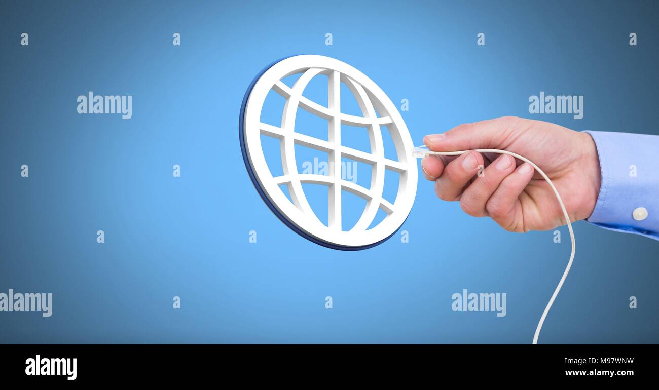 Hand holding wire connection with world network icon Stock Photo - Alamy