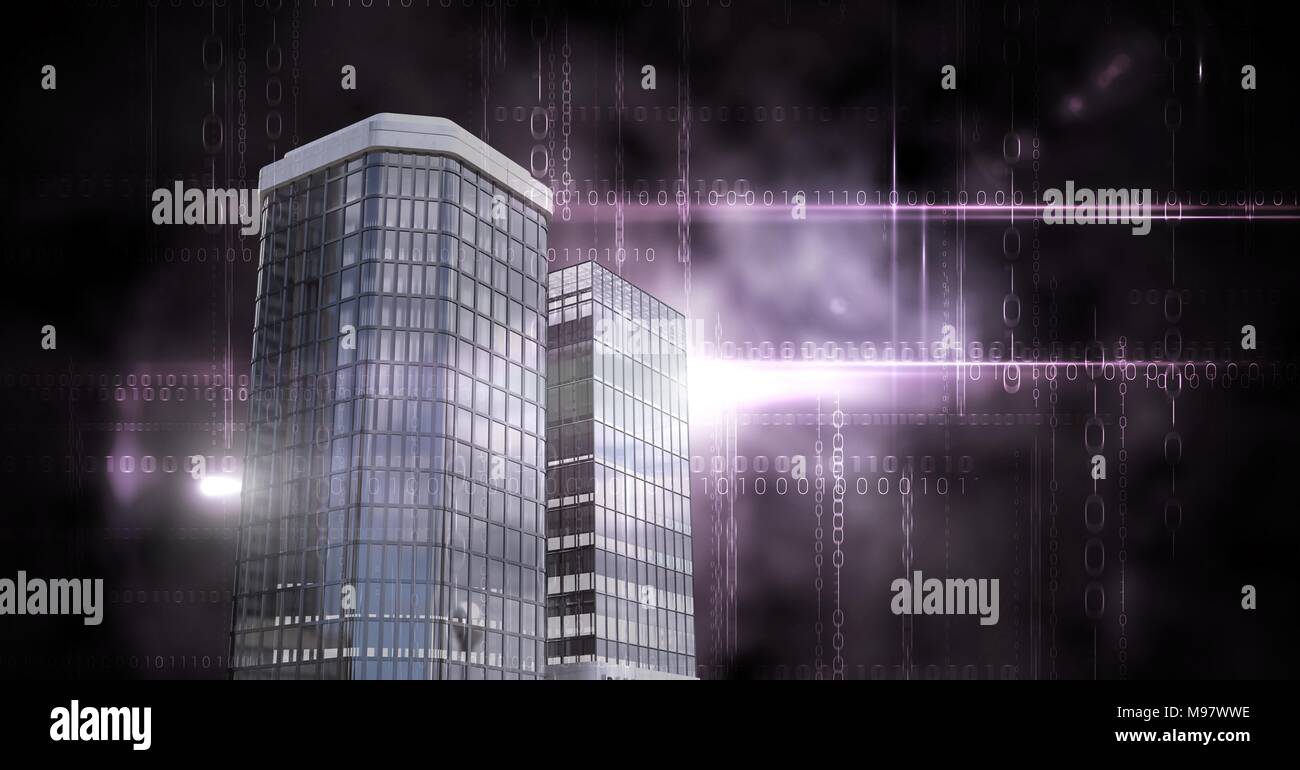 Tall buildings with dark binary code flares Stock Photo - Alamy