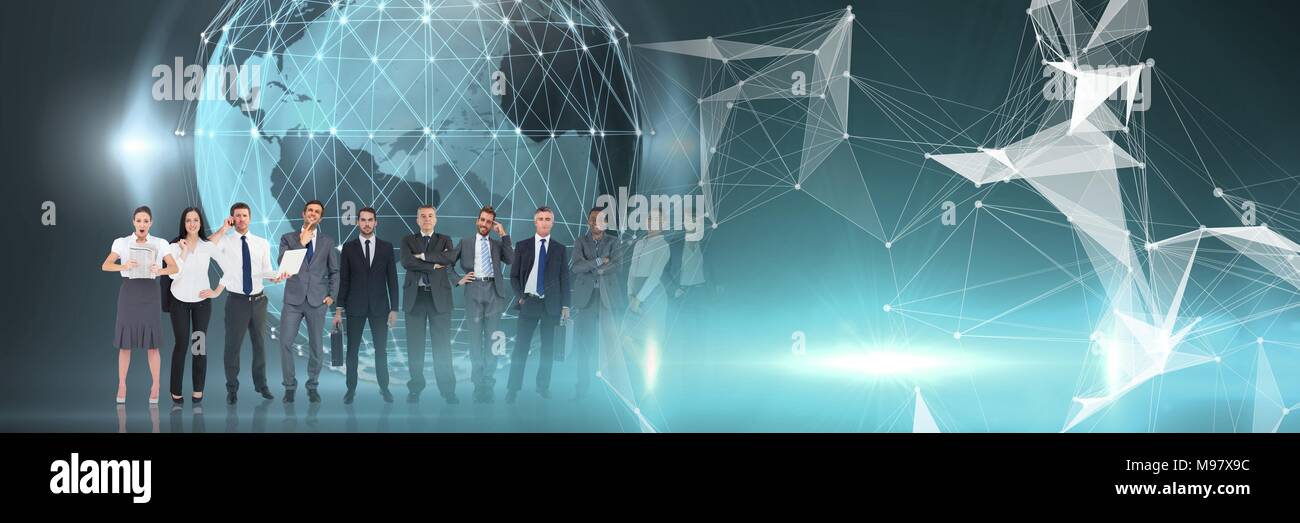 Business people standing in front of world globe with lights Stock ...