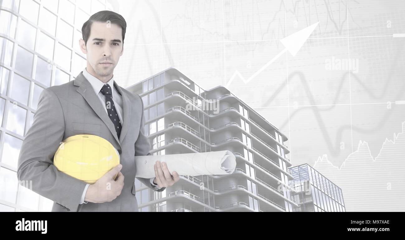 Architect businessman with blue prints and Tall buildings with chart scales background Stock Photo