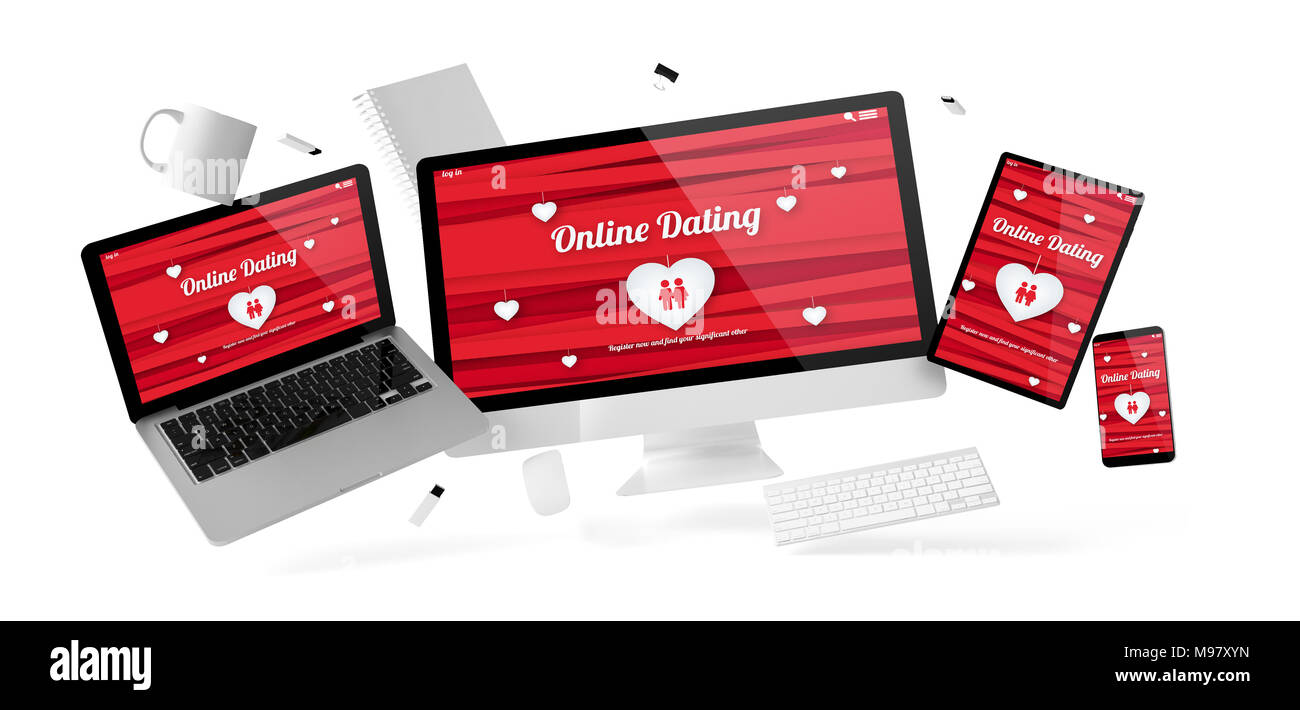 office stuff and devices floating with online dating website 3d rendering Stock Photo