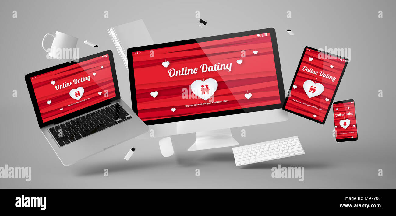 office stuff and devices floating with online dating website 3d rendering Stock Photo