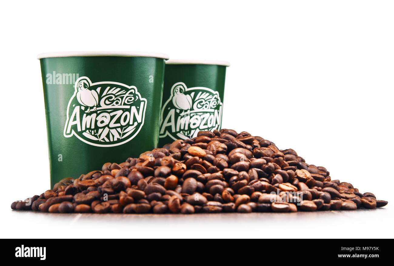 POZNAN, POLAND - FEB 8, 2018: Paper cup of Cafe Amazon, a chain of Thai cafes founded by PTT Public Company Limited, operating in over 2000 locations  Stock Photo