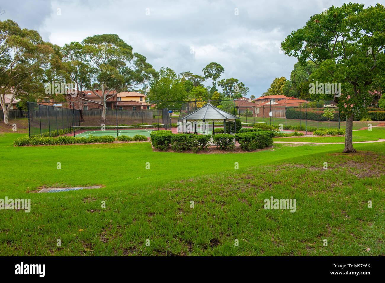 Suburban Menai. View of Estate tennis courts and gazebo. MENAI. NSW
