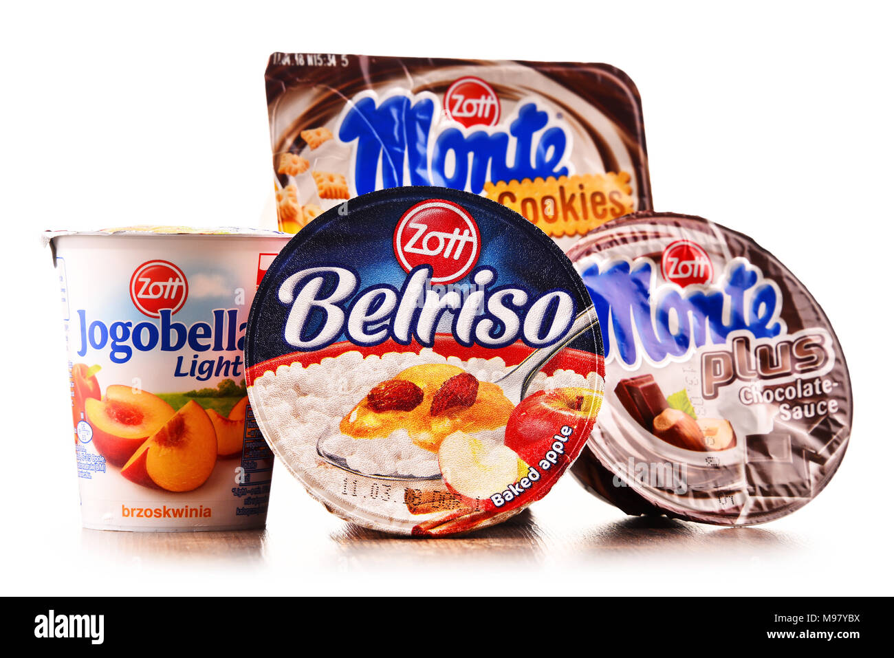 POZNAN, POLAND - FEB 21, 2018: Products of Zott, a European dairy company founded in Mertingen, Germany in 1926, presently one of the larger dairies i Stock Photo