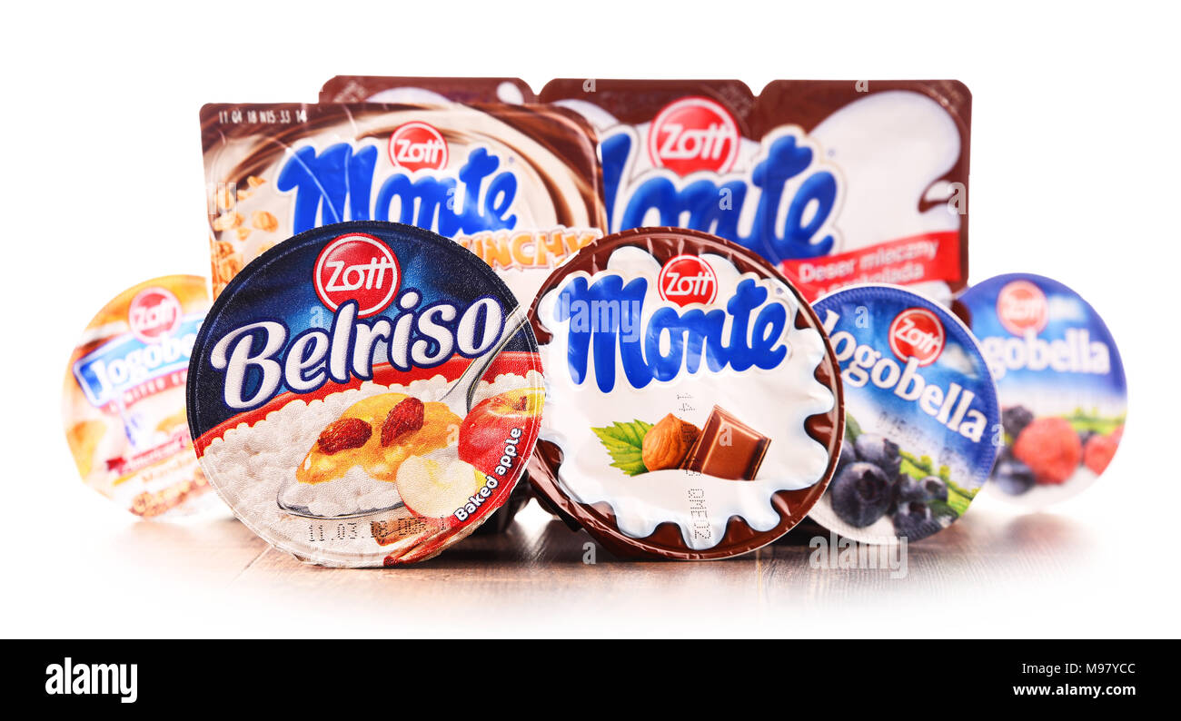 POZNAN, POLAND - FEB 21, 2018: Products of Zott, a European dairy company founded in Mertingen, Germany in 1926, presently one of the larger dairies i Stock Photo