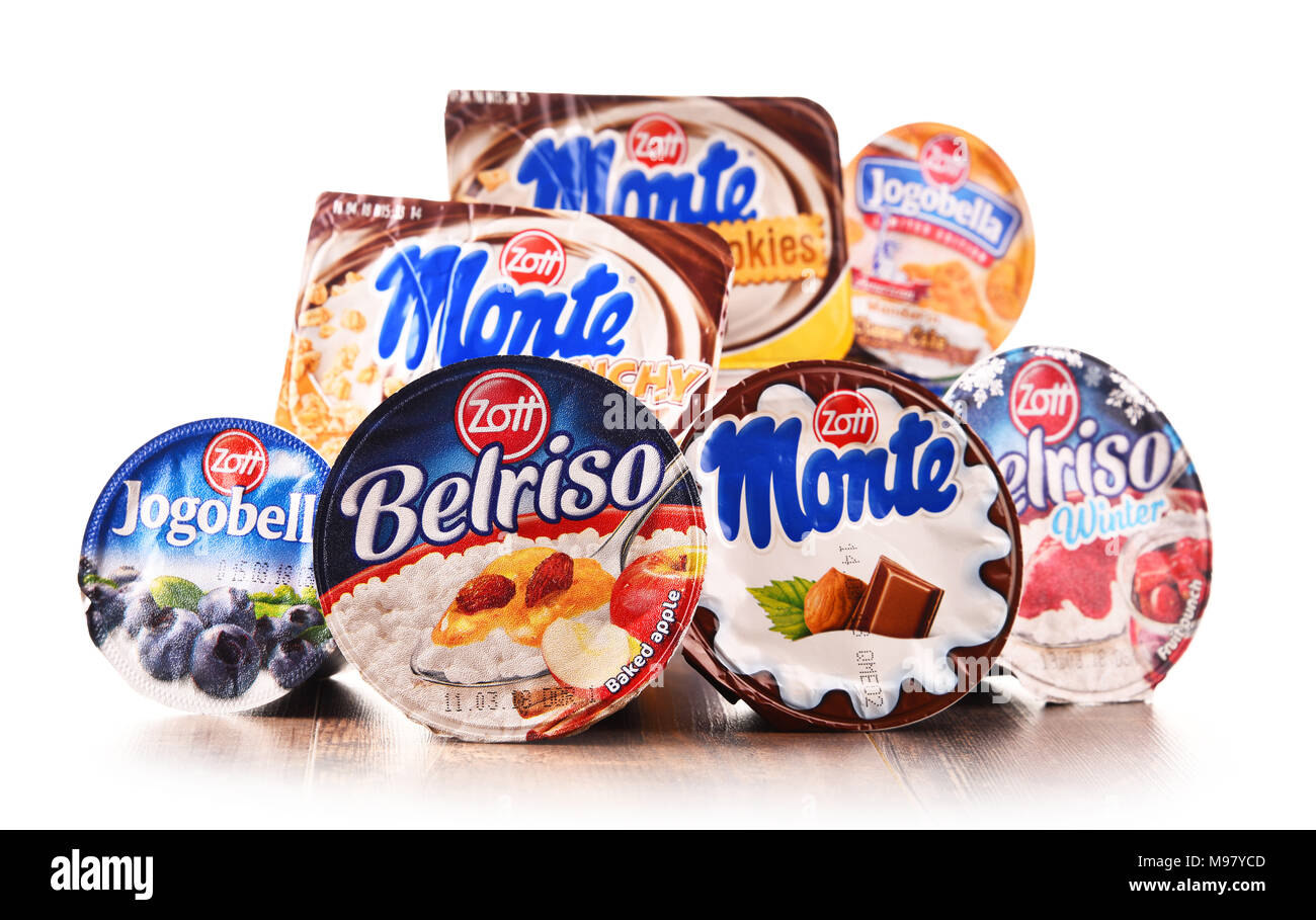POZNAN, POLAND - FEB 21, 2018: Products of Zott, a European dairy company founded in Mertingen, Germany in 1926, presently one of the larger dairies i Stock Photo
