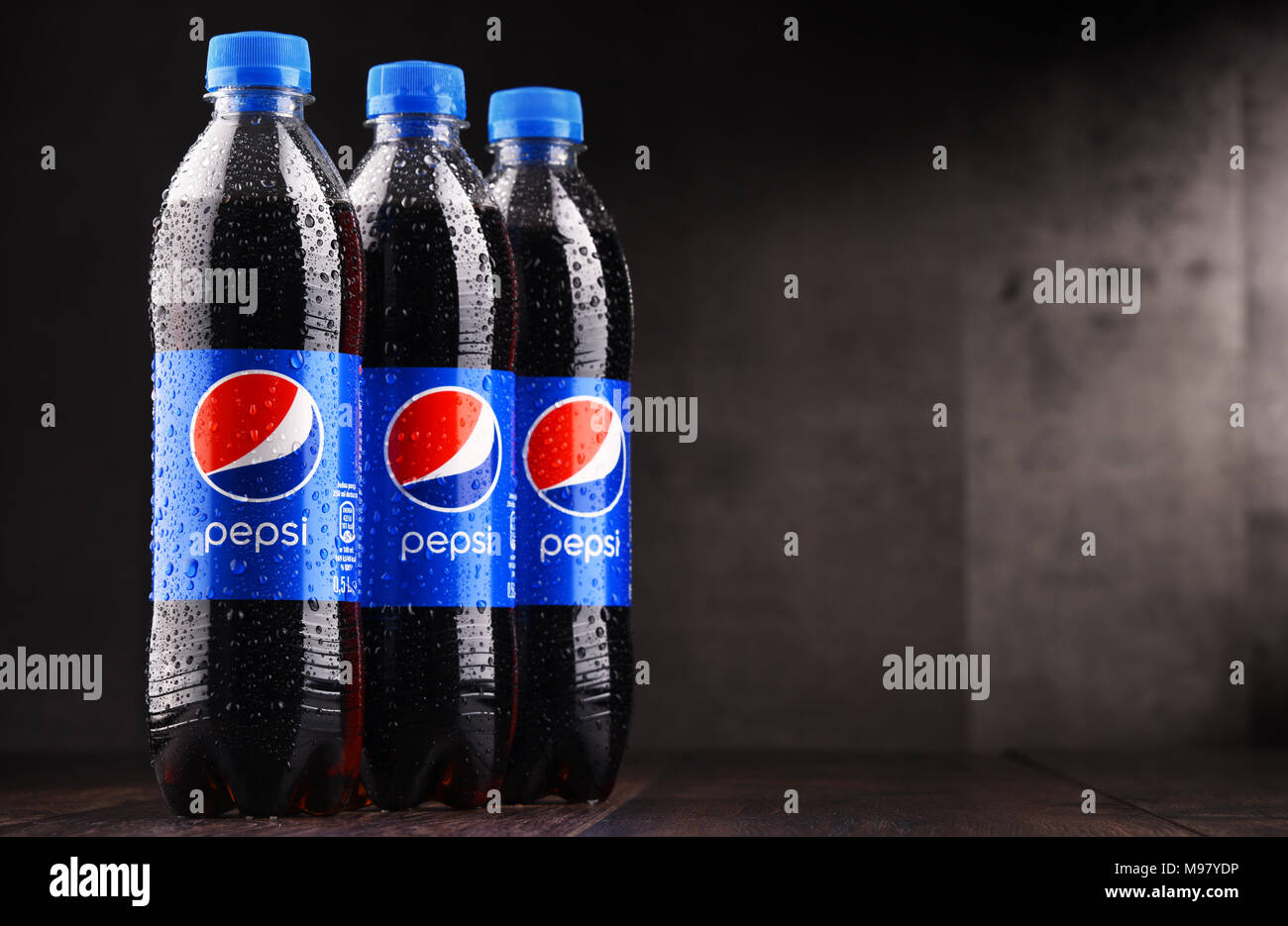 POZNAN, POLAND MAR 1, 2018 Plastic bottles of Pepsi, a carbonated soft drink produced by